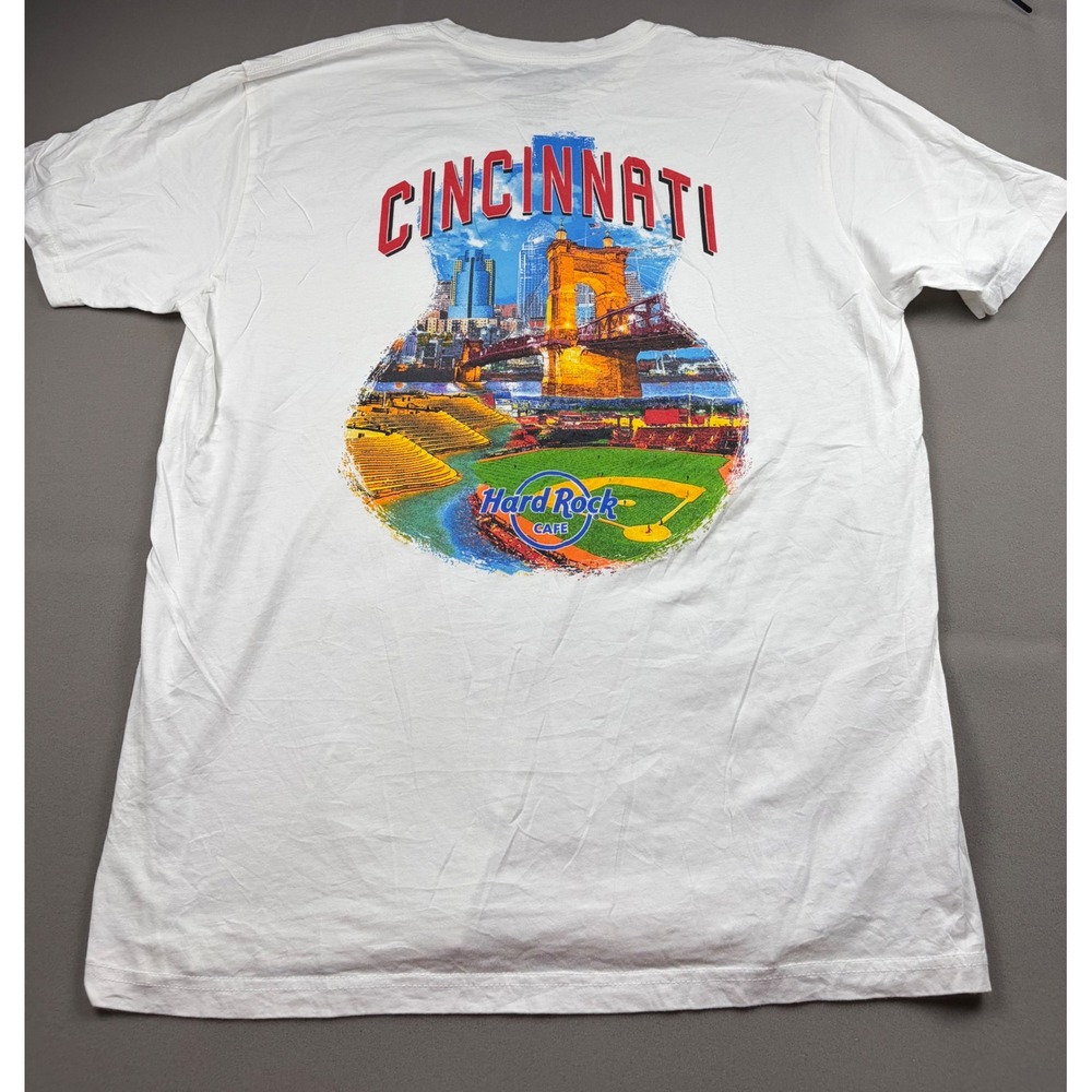 Hard Rock Cafe Cincinnati T-Shirt Mens XL White Skyline Baseball Graphic Tee